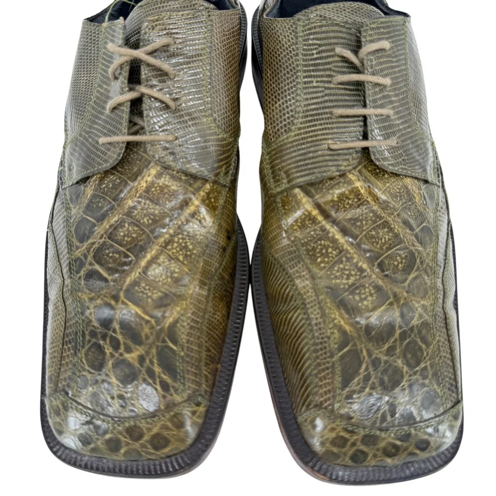 David Eden Green Exotic Lizard Crocodile Leather Dress Shoes Mens 8.5 Square Toe